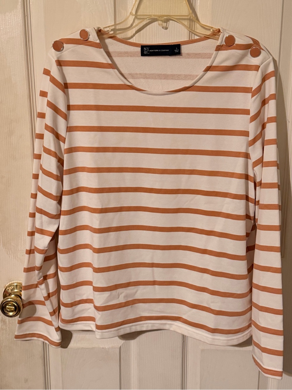 New York & Company White and Tan Striped Button-Shoulder Long Sleeve Top